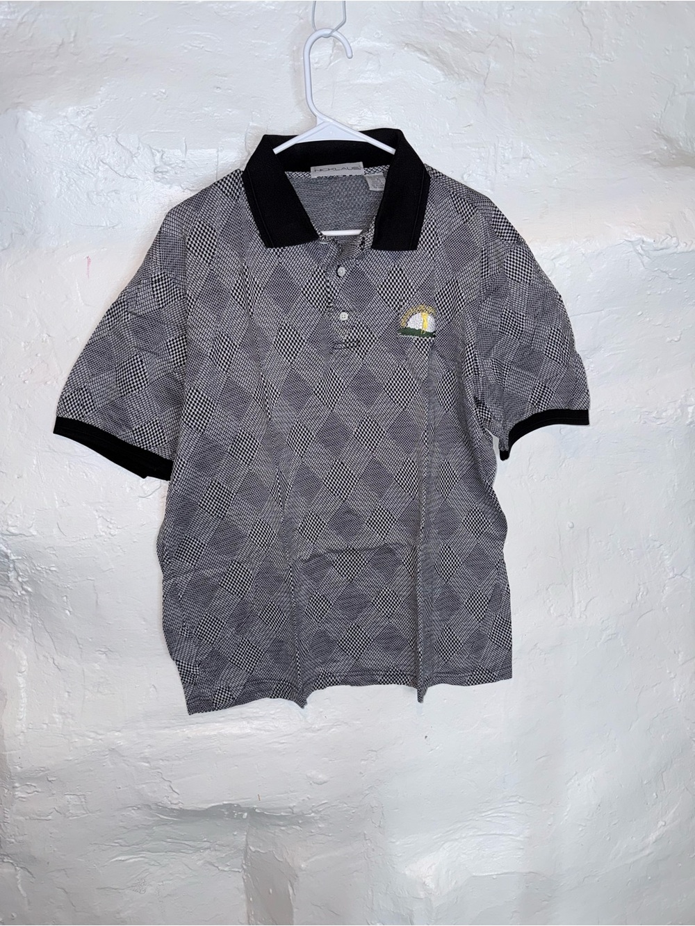 Men's Black Patterned Polo with Contrast Collar and Chest Emblem